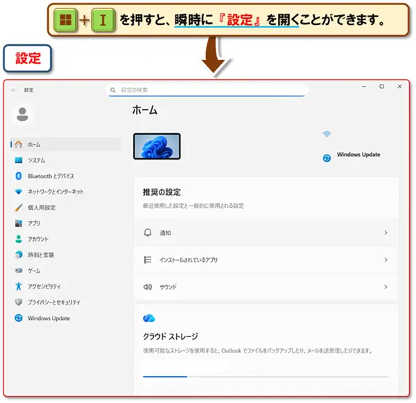 ショートカットキー【Windows キー+I】